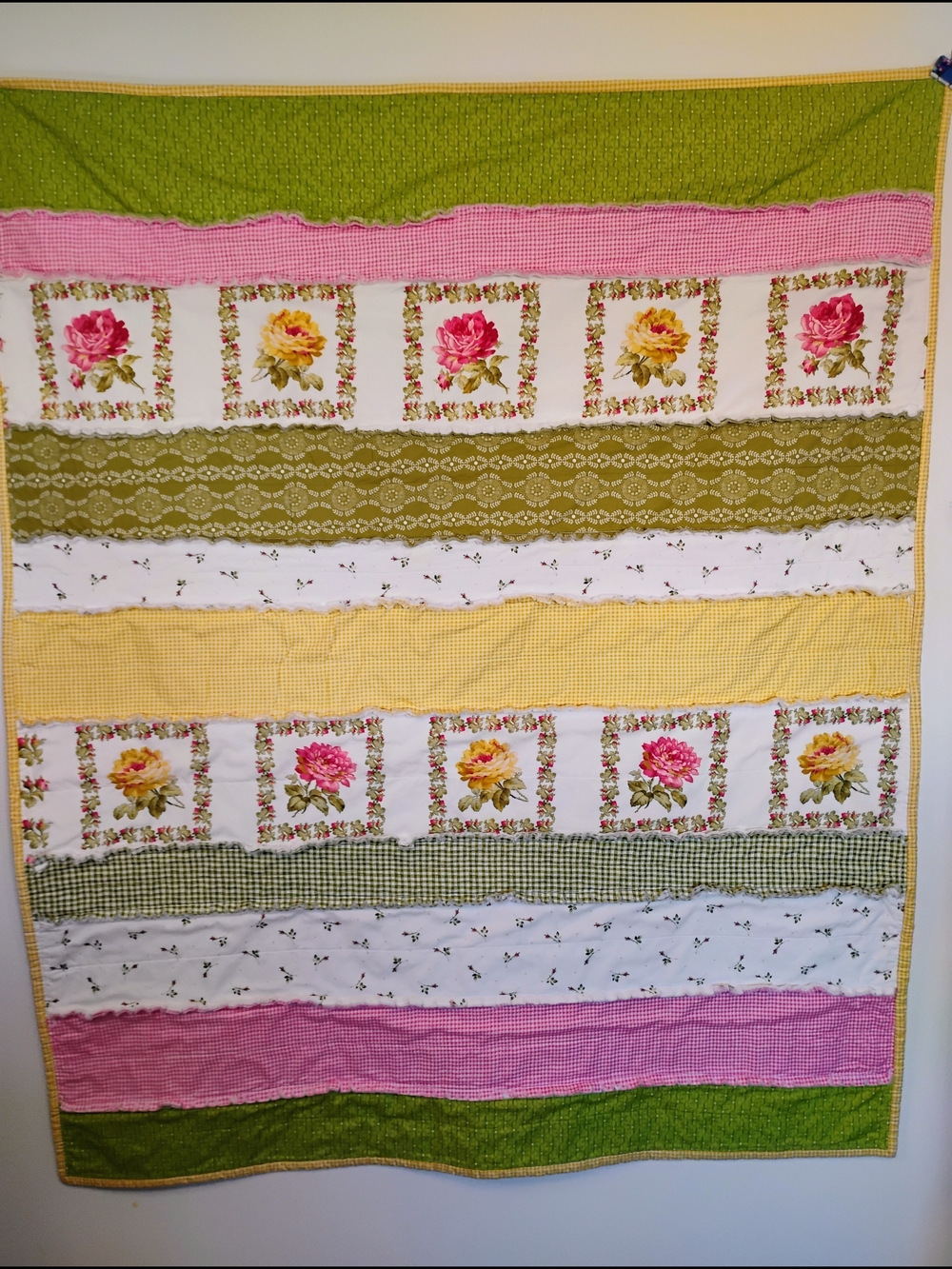 Handmade Cotton Rag Lap/Crib Floral Quilt — Green, Pink & Yellow